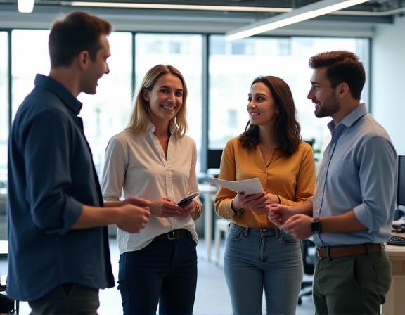 Sekumpulan pekerja sedang berbincang di pejabat